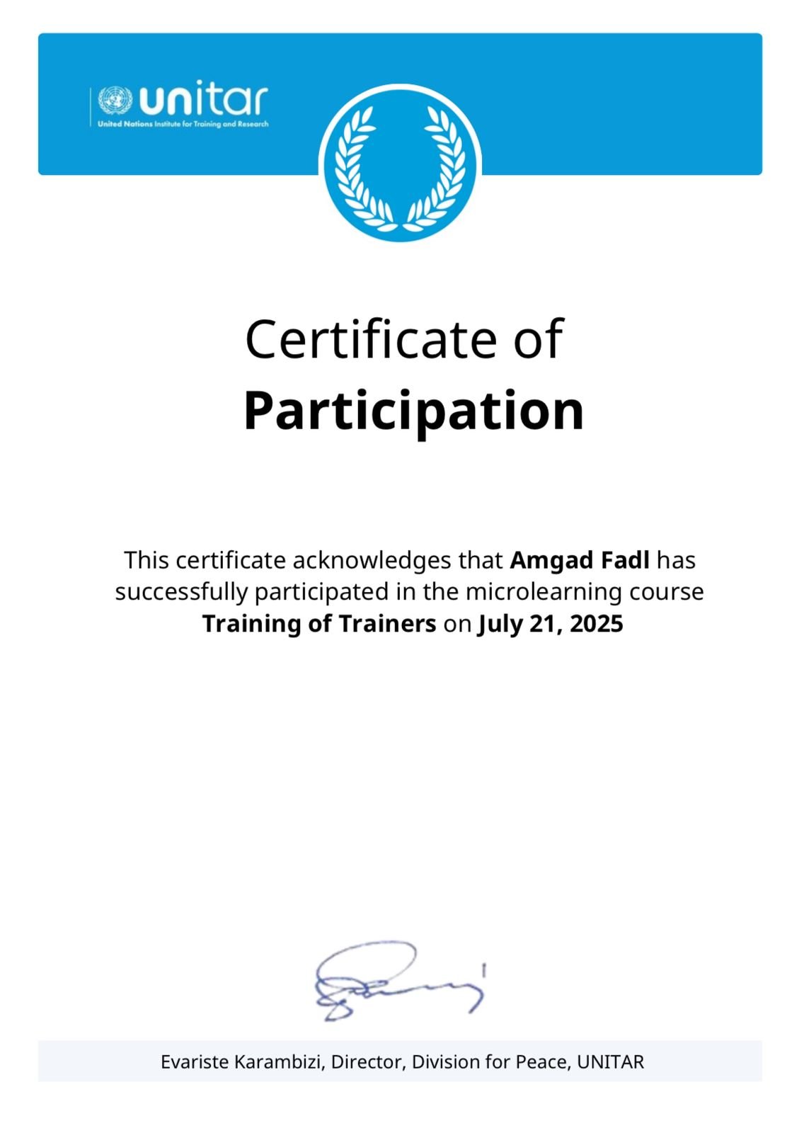 UNITAR Training of Trainers Certificate